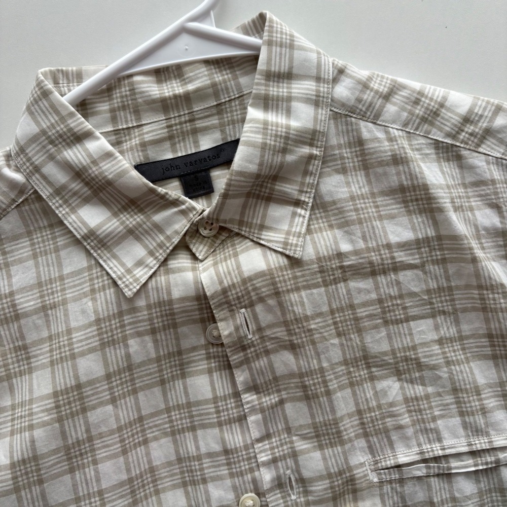 John Varvatos‎ Mens Tan White Plaid Cotton Button Down Shirt Small